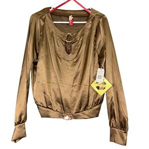 Rare Apple Bottoms Women's Bronze Satin Long Sleeve Blouse Top Shirt L/G
